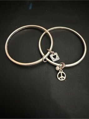 Brighton Heart & Peace & Faux Pearl Charms Double Bangle Bracelet Silver Plate